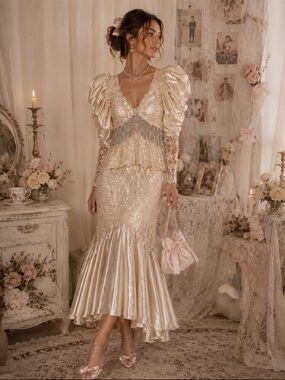 Vintage Cachet by Bari Protas ivory Lace Mermaid Gown with Puff Sleeves